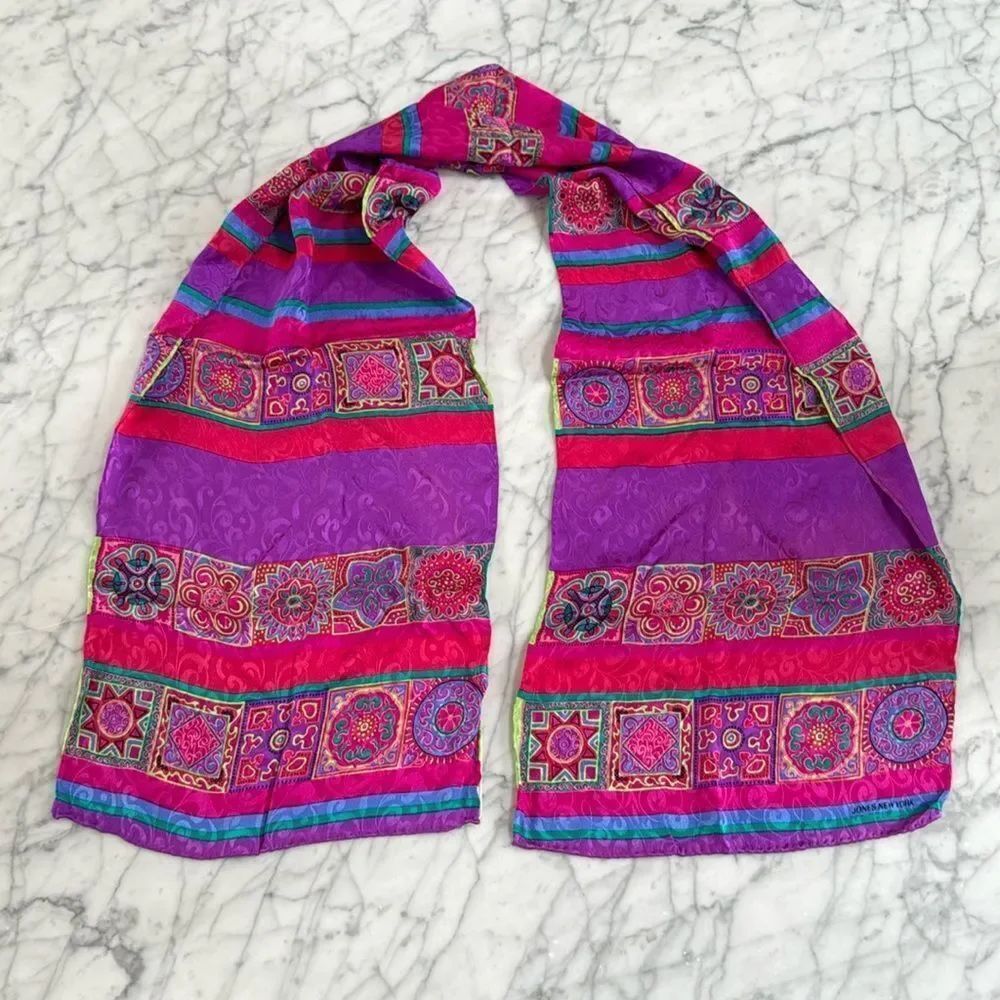 Jones New York Silk Scarf 51x10 Vibrant Preppy Summer Luxury